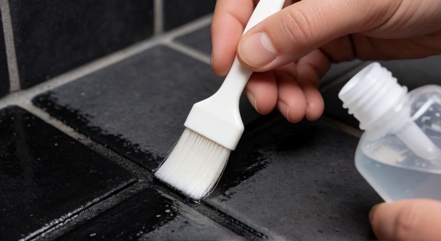 mejor producto para blanquear juntas de azulejos, Aplicando limpiador químico en juntas de azulejo sucias