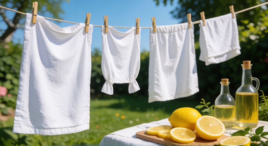 mejor producto para blanquear ropa blanca, Ropa blanca tendiendo al sol con limón y vinagre como remedios naturales