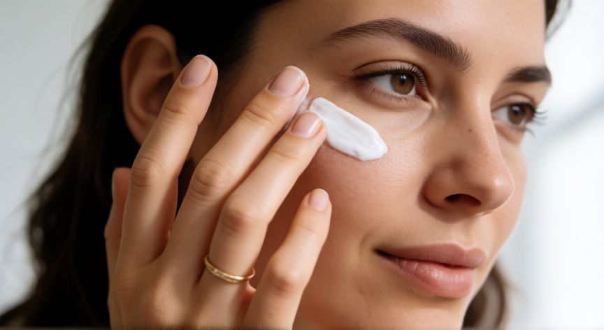 mejor producto para bolsas de ojos, Mujer aplicando crema de ojos con su dedo anular