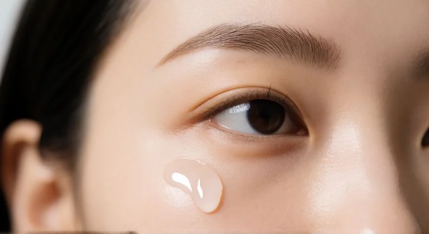 Aplicación de sérum con cafeína en el contorno de los ojos para tratar las bolsas