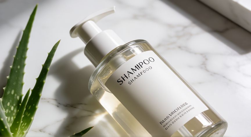 mejor producto para brillo en el pelo, Botella de champú sin sulfatos con diseño minimalista sobre superficie de mármol