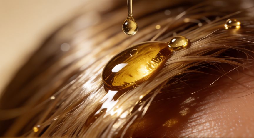 mejor producto para brillo en el pelo, Gotas de aceite de argán cayendo sobre una hebra de cabello brillante y sano