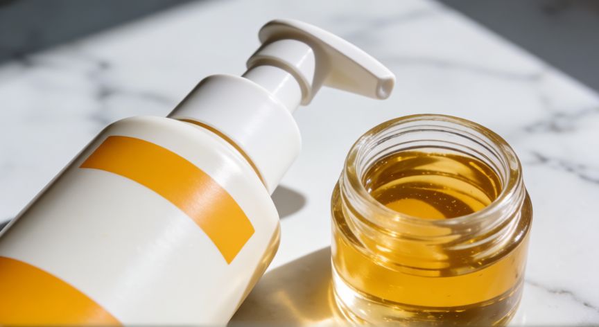 mejor producto para broncearse, Bote de protector solar y aceite bronceador sobre superficie de mármol