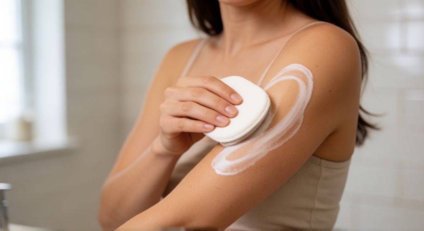 mejor producto para broncearse, Mujer aplicando autobronceador en el brazo con guante de aplicación