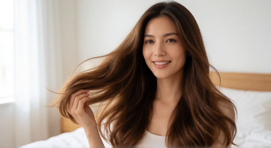 mejor producto para cabello seco y maltratado, Mujer con cabello sano y brillante tras tratamiento de reparación