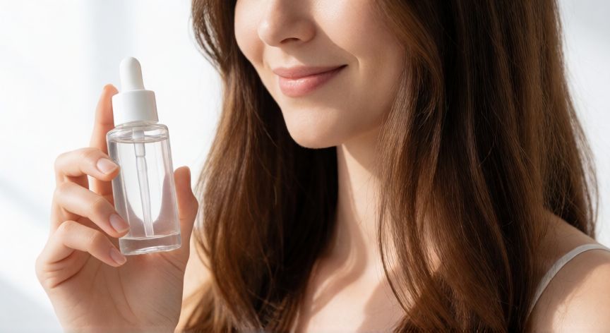 mejor producto para caida de pelo mujer, Mujer con cabello sano sosteniendo un producto capilar