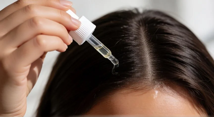 Aplicación de minoxidil tópico en el cuero cabelludo para tratar la caída del cabello
