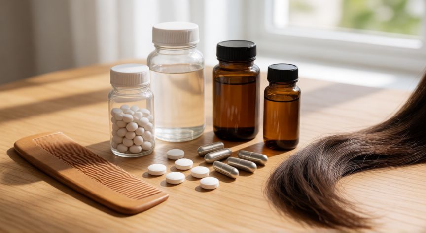mejor producto para caida del cabello, Suplementos de biotina y vitaminas para el fortalecimiento capilar sobre una mesa