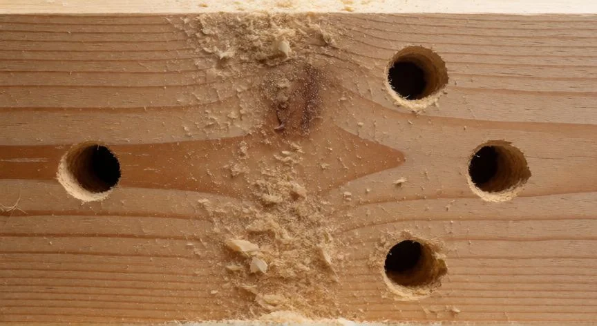Daños por carcoma en viga de madera con polvo de serrín