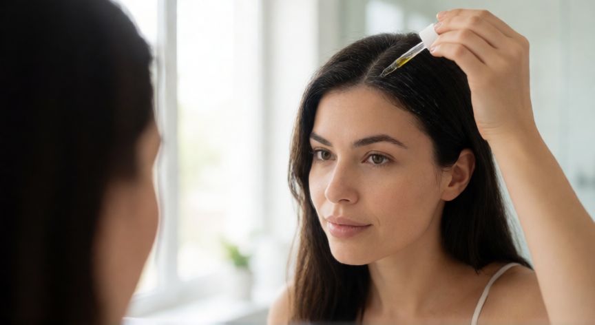 mejor producto para crecimiento de cabello, Mujer aplicando un sérum capilar en el cuero cabelludo frente a un espejo