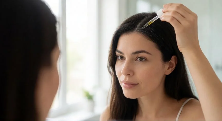 mejor producto para crecimiento de cabello, Mujer aplicando un sérum capilar en el cuero cabelludo frente a un espejo