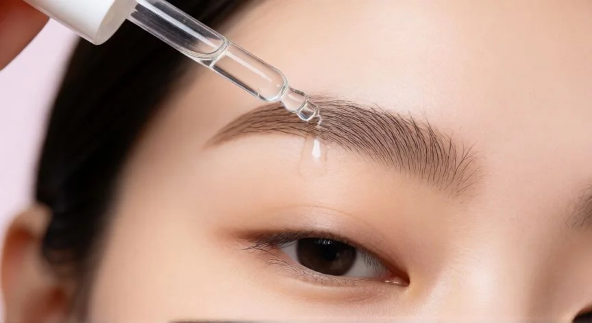 Aplicación de sérum capilar en cejas con gotero cosmético