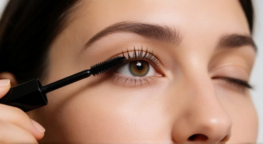 Mujer aplicando serum de pestañas con brocha precisa en la línea ciliar