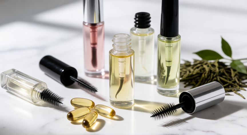 mejor producto para crecimiento de pestañas, Botellas de serum y ingredientes naturales como biotina y té verde sobre superficie de mármol