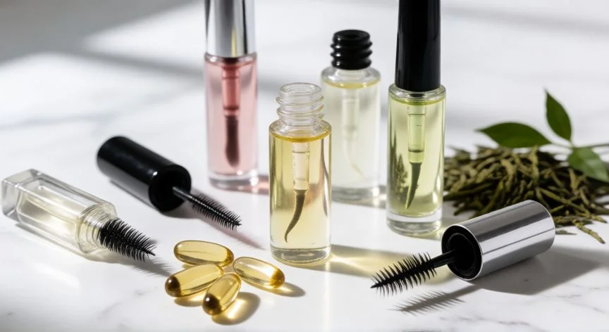 mejor producto para crecimiento de pestañas, Botellas de serum y ingredientes naturales como biotina y té verde sobre superficie de mármol