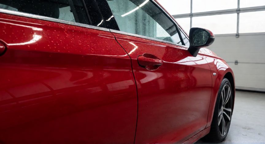 mejor producto para dar brillo al coche, Coche rojo con efecto hidrofóbico en la pintura tras aplicar producto cerámico