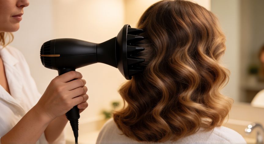 mejor producto para definir ondas, Secado de cabello ondulado con difusor para fijar la forma