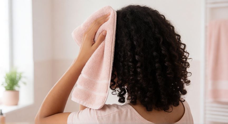 mejor producto para definir rizos, Persona secando el cabello rizado con una toalla de microfibra