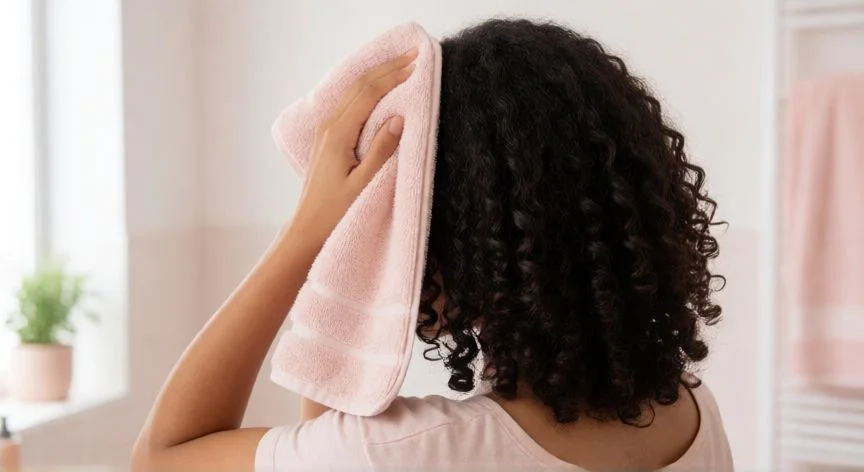 mejor producto para definir rizos, Persona secando el cabello rizado con una toalla de microfibra