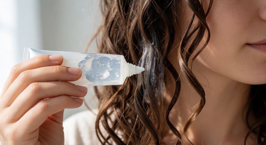 mejor producto para definir rizos mercadona, Mujer aplicando gel para definir rizos en cabello humedo