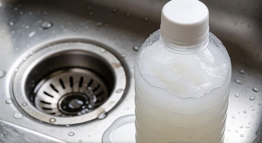 mejor producto para desatascar fregadero, Botella de gel desatascador junto al desagüe de fregadero