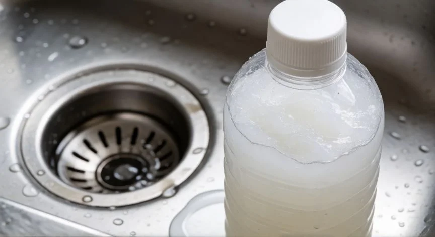 Botella de gel desatascador junto al desagüe de fregadero