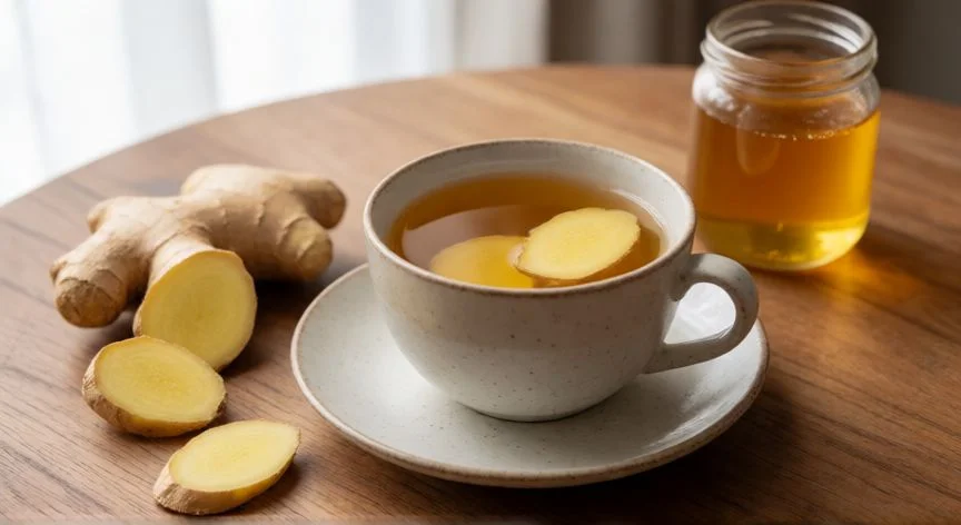Té de jengibre fresco con miel sobre una mesa de madera