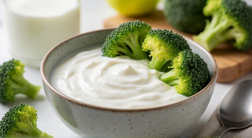 mejor producto para desinflamar el vientre, Bowl of natural yogurt and cooked broccoli for a healthy digestive diet