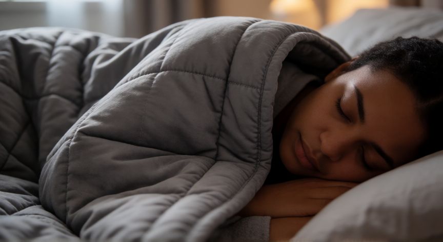 mejor producto para dormir, Persona durmiendo tranquila bajo una manta ponderada gris en un dormitorio acogedor