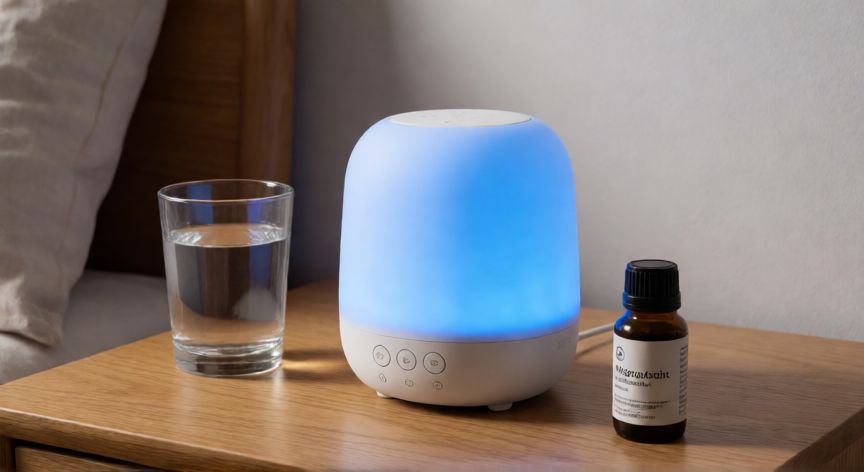 mejor producto para dormir, Máquina de ruido blanco moderna y suplementos en una mesita de noche de madera