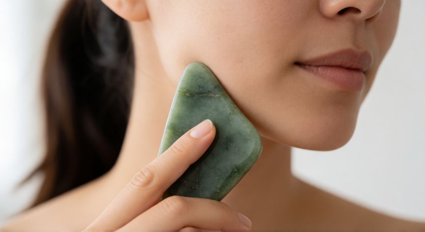 mejor producto para drenaje linfatico, Mujer utilizando un masajeador de jade frío en el cuello para drenaje linfático