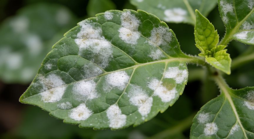 mejor producto para el mildiu, Hoja con síntomas de mildiu polvoriento en primer plano