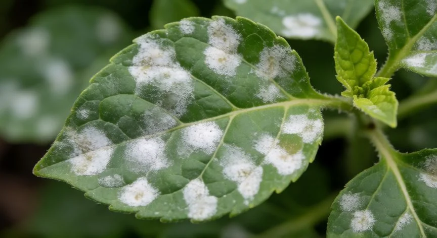 Hoja con síntomas de mildiu polvoriento en primer plano
