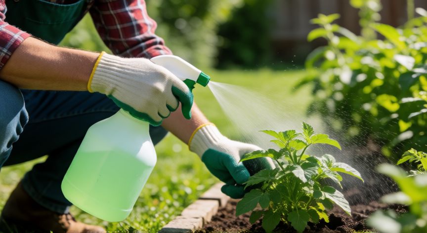 mejor producto para el mildiu, Jardinero aplicando tratamiento preventivo en una planta sana