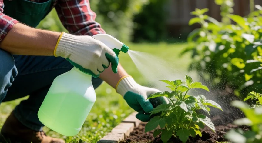mejor producto para el mildiu, Jardinero aplicando tratamiento preventivo en una planta sana