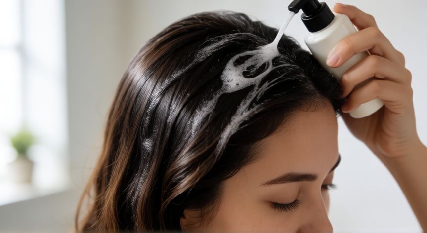 mejor producto para el pelo, Mujer aplicando champú de alta calidad sobre su cabello para una limpieza profunda