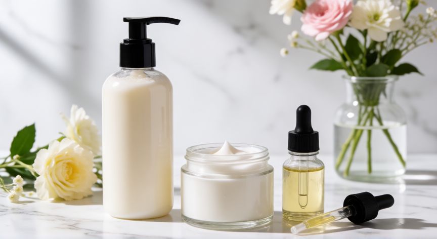 mejor producto para el pelo, Juego de productos de cuidado capilar con acondicionador y mascarilla sobre una superficie elegante