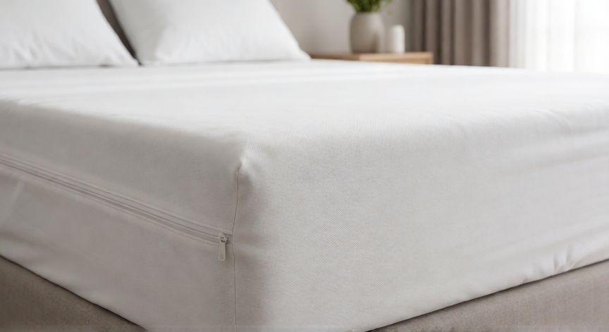 mejor producto para eliminar ácaros colchón mercadona, Funda antiácaros blanca con cremallera sobre un colchón en una habitación luminosa
