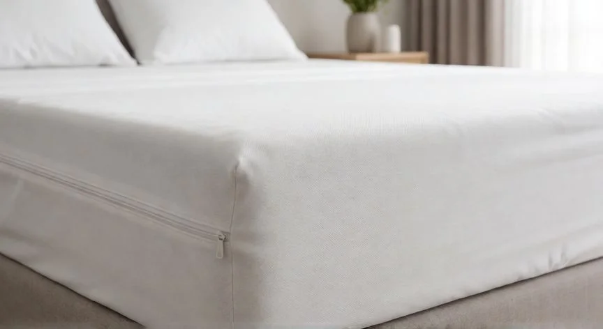 mejor producto para eliminar ácaros colchón mercadona, Funda antiácaros blanca con cremallera sobre un colchón en una habitación luminosa
