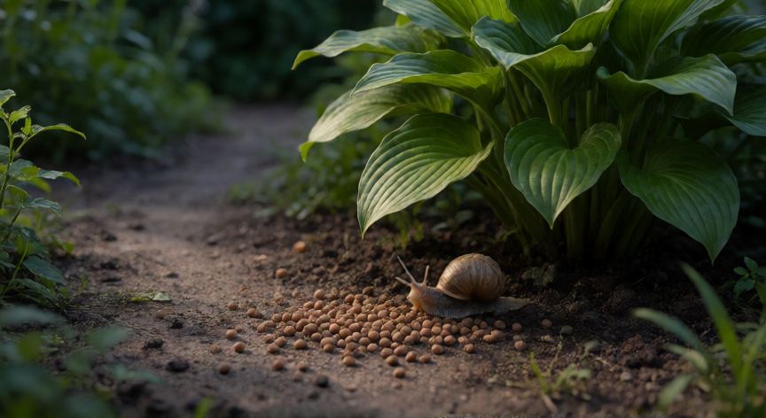 mejor producto para eliminar caracoles y babosas, Granulos de fosfato férrico en el suelo de un jardín cerca de una planta