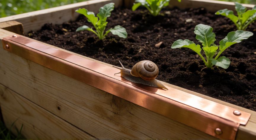 mejor producto para eliminar caracoles y babosas, Barrera de cinta de cobre en un huerto elevado para repeler caracoles