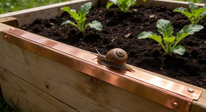 mejor producto para eliminar caracoles y babosas, Barrera de cinta de cobre en un huerto elevado para repeler caracoles