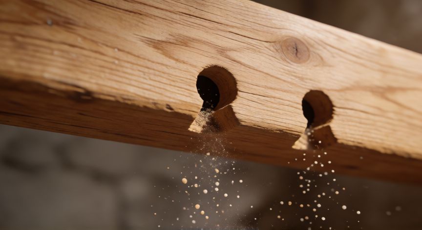 mejor producto para eliminar carcoma, Madera dañada por carcoma con agujeros de salida y serrín