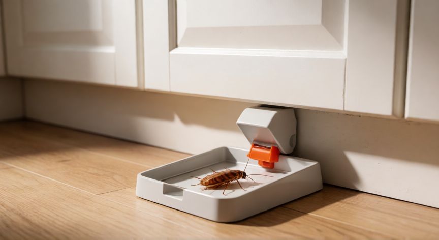 mejor producto para eliminar cucarachas, Trampa adhesiva bajo un mueble de cocina capturando una cucaracha