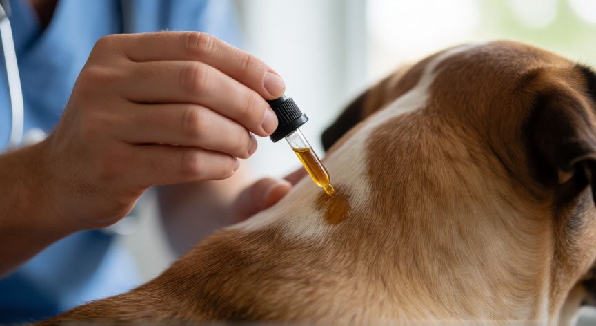 mejor producto para eliminar garrapatas en perros, Veterinario aplicando pipeta antiparasitaria en el cuello de un perro