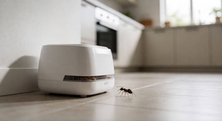 mejor producto para eliminar hormigas, Estación de cebo para hormigas colocada en el suelo de una cocina moderna con una hormiga acercándose