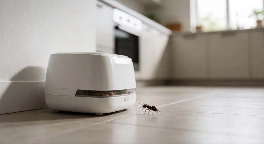 Estación de cebo para hormigas colocada en el suelo de una cocina moderna con una hormiga acercándose