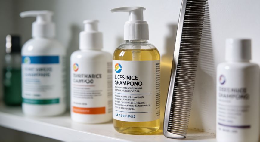 mejor producto para eliminar piojos y liendres mercadona, Tratamientos antipiojos y peine fino en estante de baño