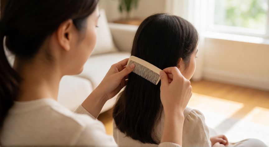 mejor producto para eliminar piojos y liendres mercadona, Madre peinando el cabello de una niña con peine fino para retirar liendres