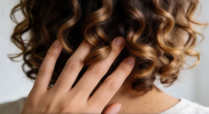 Manos aplicando producto fijador en cabello rizado húmedo para definir las mechas